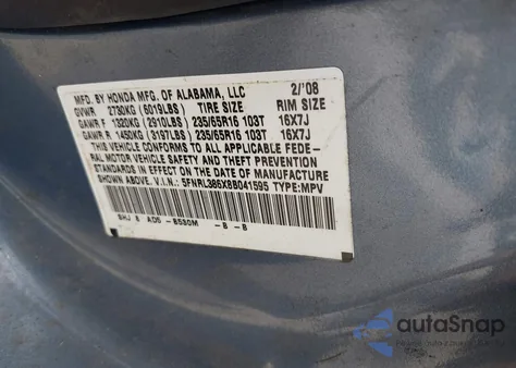 2008 Honda Odyssey Exl z USA, uszkodzony, nr VIN 5FNRL386X8B041595